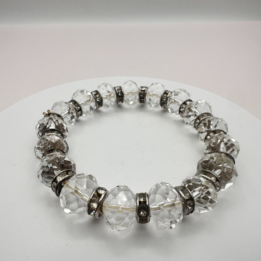 Vintage 90s Clear Faceted Glass Bead Stretch Bracelet Rhinestone Rondelle Boho